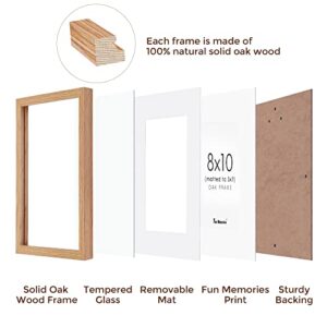 8x10 Picture Frame, Solid Oak Wood Photo Frame Display 5x7 Picture with Mat, 8 x 10 Wood Frame with Stand for Wall and Tabletop, 8"x10" Oak Picture Frame with Tempered Glass, 1 Pack