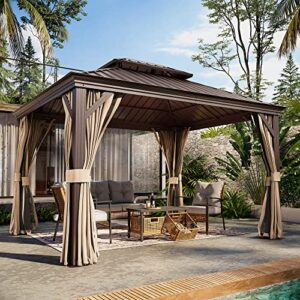 lausaint home 10'x12' permanent outdoor gazebo, heavy duty metal hardtop double roof gazebos with aluminum frame & enclosed khaki curtains and mosquito nettings for lawn and garden