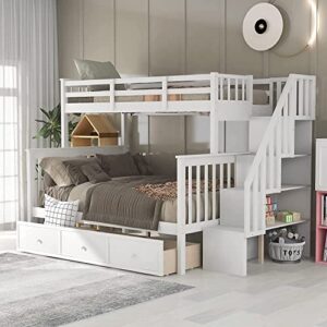 harper & bright designs twin over full bunk bed with stairs, solid wood stairway bunk bed with storage drawers for kids teens adults, bedroom, dorm (white)
