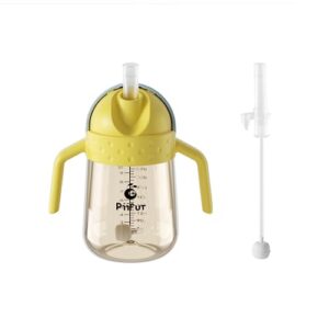 Piifur Weighted Straw Sippy Cup with Extra Straw Set, Spill Proof Water Bottle with Fixed Handle for Baby 6+ Months, 10 Ounce (Yellow)