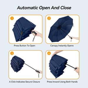 TechRise Large Windproof Umbrella, Wind Resistant Compact Travel Folding Umbrellas, Ladies Auto Open Close Strong Wind Proof Rain Proof with 10 Ribs golf umbrella collapsible for Men Women (Blue)