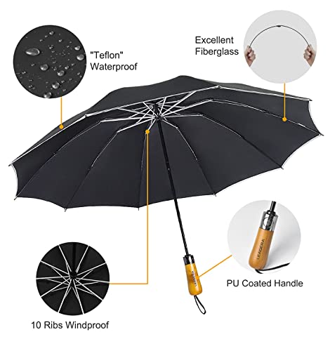 LEAGERA Sun Umbrella UV Protection Compact Windproof Reverse Umbrella for Rain - 54 inch Portable Automatic Open and Close Folding Inverted Car Travel Umbrella with Wooden Handle for Men,Black