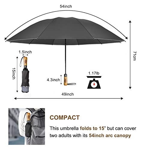 LEAGERA Sun Umbrella UV Protection Compact Windproof Reverse Umbrella for Rain - 54 inch Portable Automatic Open and Close Folding Inverted Car Travel Umbrella with Wooden Handle for Men,Black