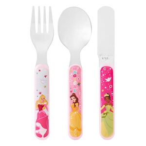 disney princess 3 piece cutlery set – metal, reusable children's knife, fork & spoon, kids-size, made from food-safe stainless steel & abs plastic – with cinderella, belle & mulan – for 12 months & up