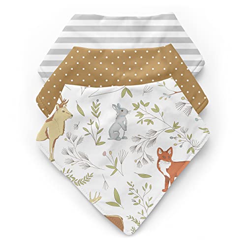 Sweet Jojo Designs Woodland Animal Toile Boy Girl Baby Bandana Bibs Newborn Infant Feeding Drool Blue Grey Green and Brown Gender Neutral Forest Animals Deer Fox 3 Pack Set Absorbent Fabric Bibdanas