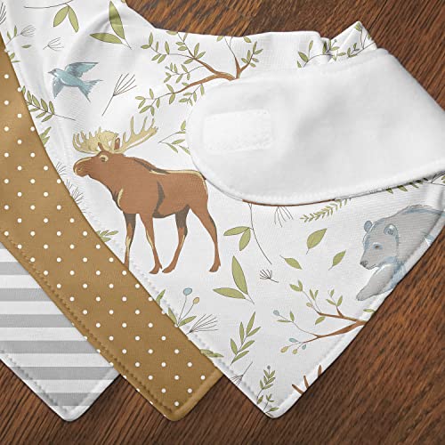 Sweet Jojo Designs Woodland Animal Toile Boy Girl Baby Bandana Bibs Newborn Infant Feeding Drool Blue Grey Green and Brown Gender Neutral Forest Animals Deer Fox 3 Pack Set Absorbent Fabric Bibdanas