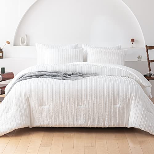 WARMDERN White Comforter Set Queen Size Soft Bedding Sets Boho Striped Pattern Lightweight Comforter for All Season Down Alternative Bed in A Bag 7 Piece(Queen, White)