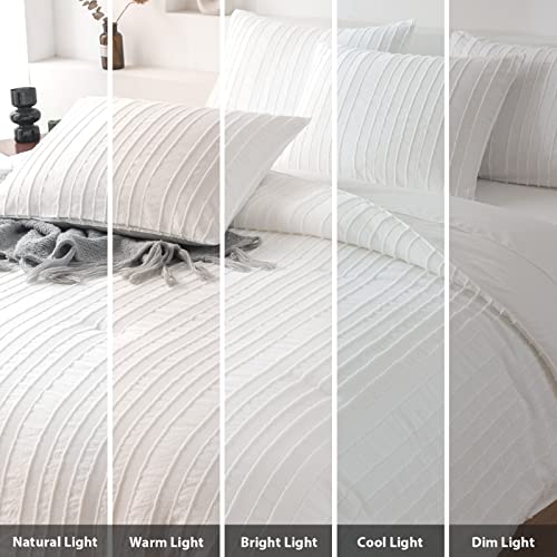 WARMDERN White Comforter Set Queen Size Soft Bedding Sets Boho Striped Pattern Lightweight Comforter for All Season Down Alternative Bed in A Bag 7 Piece(Queen, White)