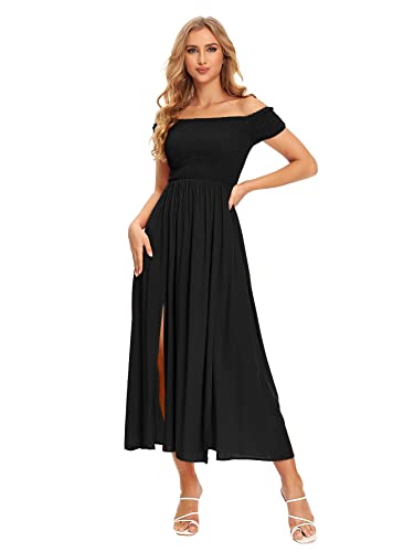 Floerns Women's Boho Floral Print Off Shoulder Split Long A Line Dress A Solid Black XXL