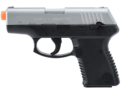 AirSoft Swiss Arms Millennium PT 111 Spring Powered Airsoft Pistol with Hop-Up and Slide Serrations, 180-200 FPS, Silver