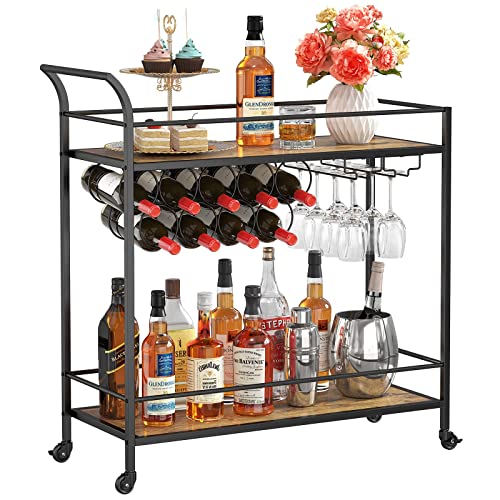 Lifewit Bar Cart, Home Bar Serving Cart, 2 Tier Drink Cart with 9 Wine Bottle Racks, Liquor Beverage Cart for Kitchen Dining Living Room Outdoor, 31.5" x 13" x 34.6", Black