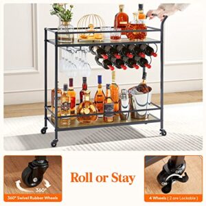 Lifewit Bar Cart, Home Bar Serving Cart, 2 Tier Drink Cart with 9 Wine Bottle Racks, Liquor Beverage Cart for Kitchen Dining Living Room Outdoor, 31.5" x 13" x 34.6", Black