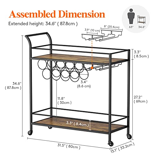 Lifewit Bar Cart, Home Bar Serving Cart, 2 Tier Drink Cart with 9 Wine Bottle Racks, Liquor Beverage Cart for Kitchen Dining Living Room Outdoor, 31.5" x 13" x 34.6", Black