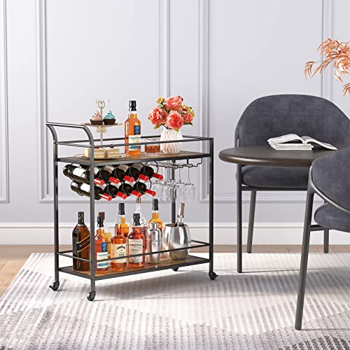 Lifewit Bar Cart, Home Bar Serving Cart, 2 Tier Drink Cart with 9 Wine Bottle Racks, Liquor Beverage Cart for Kitchen Dining Living Room Outdoor, 31.5" x 13" x 34.6", Black