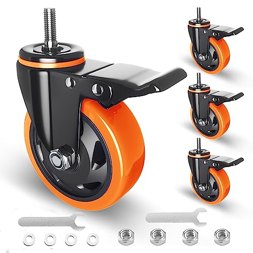 4 Inch Stem Caster Wheels Heavy Duty with Dual Locking 2200Lbs, Threaded Stem Casters 3/8" -16 x 1", Swivel Industrial Casters Set of 4, Wheels for Cart and Furniture