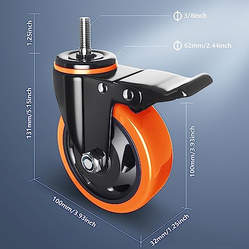 4 Inch Stem Caster Wheels Heavy Duty with Dual Locking 2200Lbs, Threaded Stem Casters 3/8" -16 x 1", Swivel Industrial Casters Set of 4, Wheels for Cart and Furniture