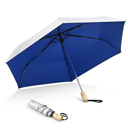 G4Free UPF 50+ UV Protection Travel Umbrella with Wooden Handle, 42 Inch Lightweight Sun Rain Folding Umbrellas Auto Open Close (Blue)