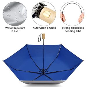 G4Free UPF 50+ UV Protection Travel Umbrella with Wooden Handle, 42 Inch Lightweight Sun Rain Folding Umbrellas Auto Open Close (Blue)
