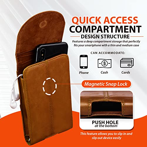 Hengwin Belt Holster for iPhone 14, 13, 12 Genuine Leather Cell Phone Case with Belt Clip Magnetic Closure Belt Loop Phone Pouch for Belt Men (Fits Thin/Medium Case on) (Brown)