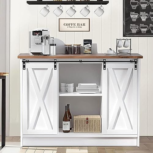 Farmhouse Coffee Bar Cabinet, 42’’ Kitchen Buffet Sideboard Cabinet with Storage, White Coffee Bar Buffet Cabinet with Sliding Barn Door, Coffee Bar Table with Adjustable Shelf for Living Dining Room