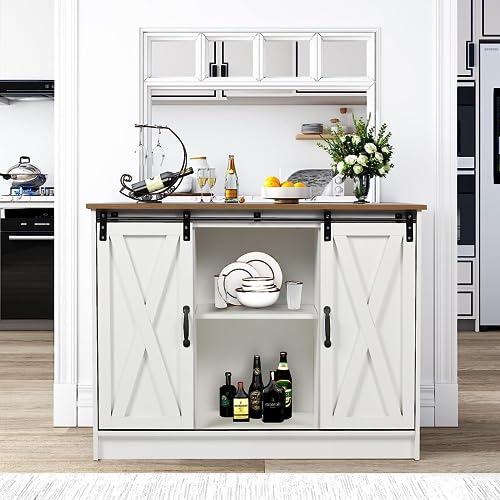 Farmhouse Coffee Bar Cabinet, 42’’ Kitchen Buffet Sideboard Cabinet with Storage, White Coffee Bar Buffet Cabinet with Sliding Barn Door, Coffee Bar Table with Adjustable Shelf for Living Dining Room