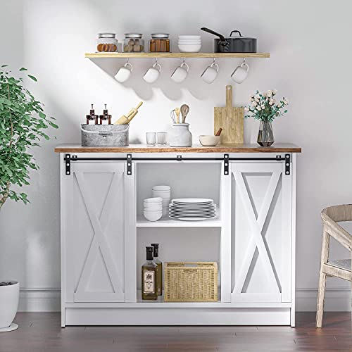 Farmhouse Coffee Bar Cabinet, 42’’ Kitchen Buffet Sideboard Cabinet with Storage, White Coffee Bar Buffet Cabinet with Sliding Barn Door, Coffee Bar Table with Adjustable Shelf for Living Dining Room