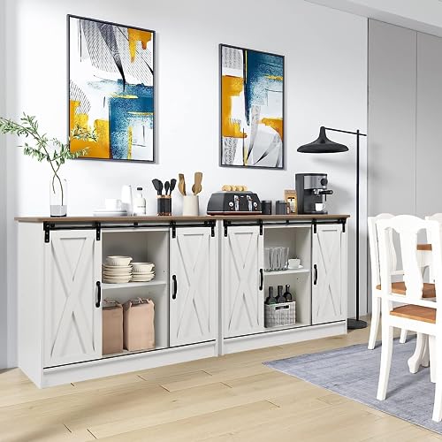 Farmhouse Coffee Bar Cabinet, 42’’ Kitchen Buffet Sideboard Cabinet with Storage, White Coffee Bar Buffet Cabinet with Sliding Barn Door, Coffee Bar Table with Adjustable Shelf for Living Dining Room