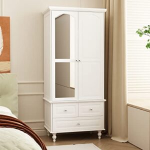 homsee wardrobe armoire wooden closet with mirror, 2 doors, 3 drawers, 4-tier storage cubes and hanging rod for bedroom, white (31.5”l x 19.7”w x 70.9”h)