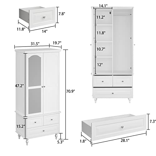 Homsee Wardrobe Armoire Wooden Closet with Mirror, 2 Doors, 3 Drawers, 4-Tier Storage Cubes and Hanging Rod for Bedroom, White (31.5”L x 19.7”W x 70.9”H)