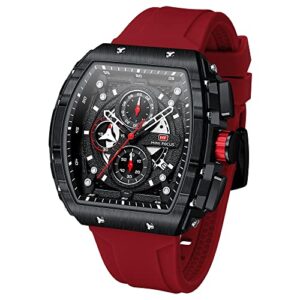 aimes watches for men fashion hollow tonneau large face watches for men rectangle luxury work big dial mens watches cool analog quartz luminous waterproof wrist watch red silicon strap dress watch