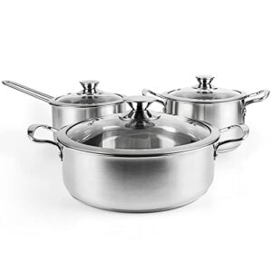 stainless steel pot set,6 piece kitchen induction cookware sets with glass lids, stay cool handle, works with induction, electric and gas cooktops, oven safe，dishwasher