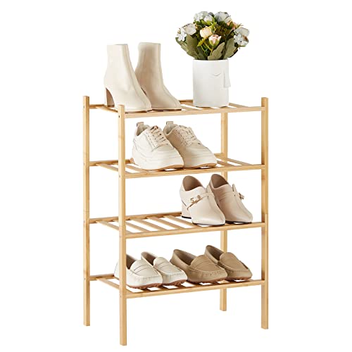 Trenect Shoe Rack for Entryway Closet 4 Tier Narrow Shoe Rack Stackable Organizer Storage Bamboo Shoe Rack Vertical Small Shoe Rack Shelf Free Standing Shoe Racks D11 * W17.7 * H26.2 Inches (Natural)