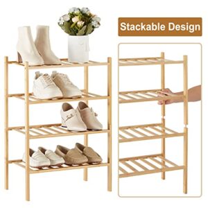 Trenect Shoe Rack for Entryway Closet 4 Tier Narrow Shoe Rack Stackable Organizer Storage Bamboo Shoe Rack Vertical Small Shoe Rack Shelf Free Standing Shoe Racks D11 * W17.7 * H26.2 Inches (Natural)