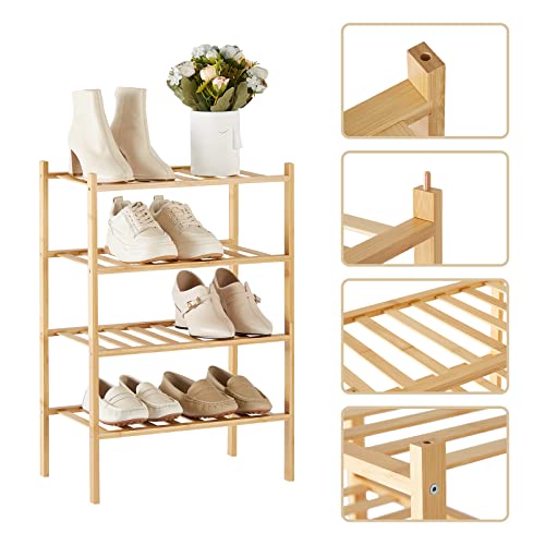 Trenect Shoe Rack for Entryway Closet 4 Tier Narrow Shoe Rack Stackable Organizer Storage Bamboo Shoe Rack Vertical Small Shoe Rack Shelf Free Standing Shoe Racks D11 * W17.7 * H26.2 Inches (Natural)