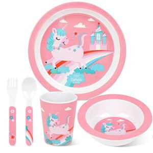lehoo castle kids plates and bowls sets, 5 piece baby feeding set - includes plate, bowl, cup, fork and spoon utensil flatware, kids dinnerware set for kids, toddlers (unicorn)