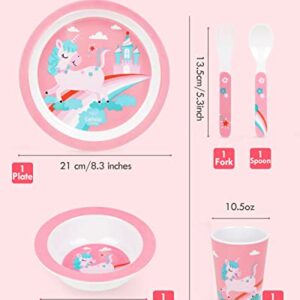 Lehoo Castle Kids Plates and Bowls Sets, 5 Piece Baby Feeding Set - Includes Plate, Bowl, Cup, Fork and Spoon Utensil Flatware, Kids Dinnerware Set for Kids, Toddlers (Unicorn)