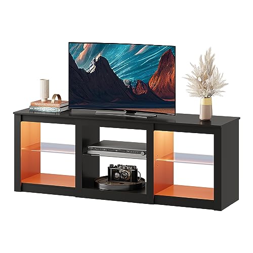 WLIVE TV Stand with LED Lights for TVs up to 65 inch, Entertainment Center with Glass Shelves, Modern TV Console for Living Room, Media Console with Storage, Black