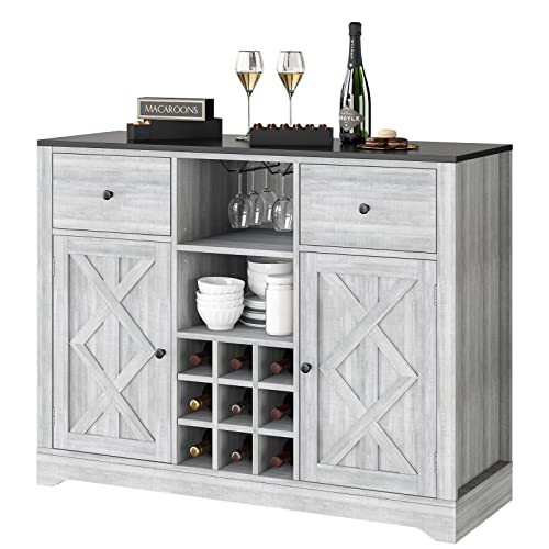 FOTOSOK Buffet Sideboard Bar Cabinet with Storage, 44.5” Farmhouse Buffet Server Bar Wine Cabinet with Removable Wine Racks, Wood Coffee Bar Cabinet Cupboard Table Dining Room Furniture Organizer