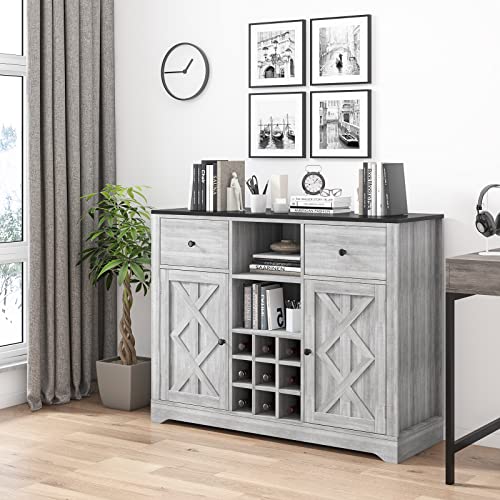 FOTOSOK Buffet Sideboard Bar Cabinet with Storage, 44.5” Farmhouse Buffet Server Bar Wine Cabinet with Removable Wine Racks, Wood Coffee Bar Cabinet Cupboard Table Dining Room Furniture Organizer