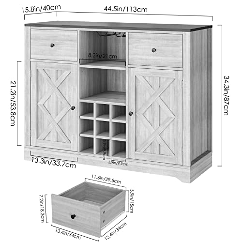 FOTOSOK Buffet Sideboard Bar Cabinet with Storage, 44.5” Farmhouse Buffet Server Bar Wine Cabinet with Removable Wine Racks, Wood Coffee Bar Cabinet Cupboard Table Dining Room Furniture Organizer