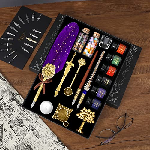 TIANREN Calligraphy Feather Dip pen set with 6 bottles of ink,Quill Pen,Wooden Dip Pen,Glass Dip Pen,Wax Seal Stamp Kits,Pen Holder,spoon,Letter opener, Christmas Gift for Men&Women(Purple)