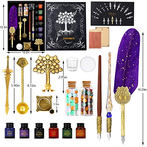 TIANREN Calligraphy Feather Dip pen set with 6 bottles of ink,Quill Pen,Wooden Dip Pen,Glass Dip Pen,Wax Seal Stamp Kits,Pen Holder,spoon,Letter opener, Christmas Gift for Men&Women(Purple)