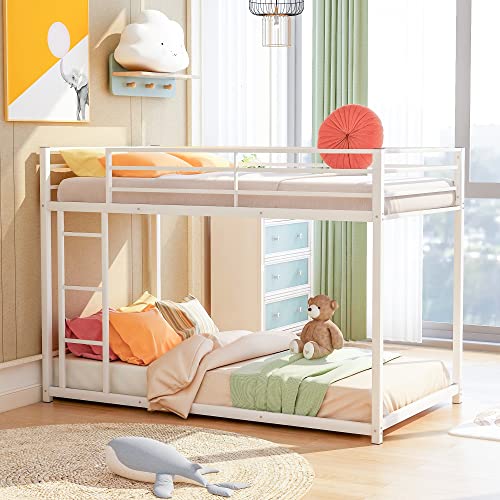 ZJIAH Metal Bunk Bed Twin Over Twin, Low Bunk Bed Frame with Ladder & Guardrail for Teens Adults Dormitory Bedroom, Heavy Duty Metal Bed Frame, Easy Assembly, No Box Spring Required, White