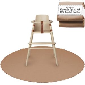 brite tools premium leather splat mat under high chair 52” anti-slip bonded suede backing wipeable waterproof stain spill resistant floor cover portable baby drop table cloth blanket (brown (round))