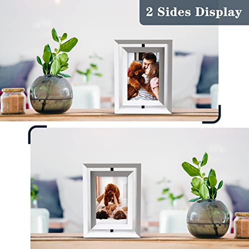 EXYGLO 2 Pack 4x6 Picture Frames, Color Contrast Rotating Photo Frame Wooden 2 Sided Frames for Vertical or Horizontal Tabletop Display, White+Grey