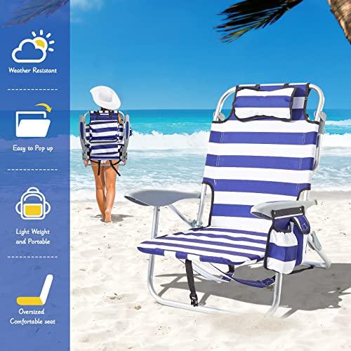 Canpsky Portable Beach Chair for Adults, 4 Position Backpack Folding Camping Chairs for Outdoor, Beach Chairs with Backpack Straps,Blue White…