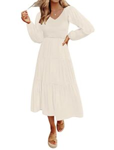 merokeety women's long sleeve smocked fall dress a line tiered midi maxi dress with pockets,beige,m