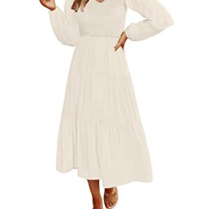 MEROKEETY Women's Long Sleeve Smocked Fall Dress A Line Tiered Midi Maxi Dress with Pockets,Beige,M