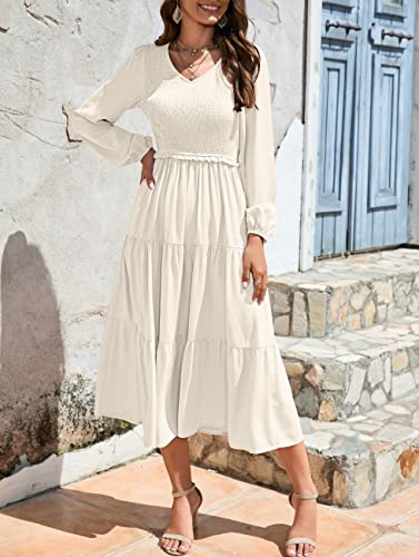 MEROKEETY Women's Long Sleeve Smocked Fall Dress A Line Tiered Midi Maxi Dress with Pockets,Beige,M