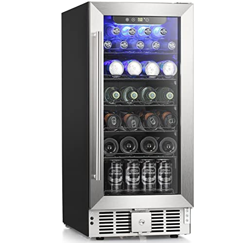 Antarctic Star 2.9 Cu.Ft Beverage Refrigerator, Wine Cooler Low Noise, Transparent Glass Door, Stainless Steel LED Light, Efficient Cooling System with Lock for Home and Bar 15inch, Silver